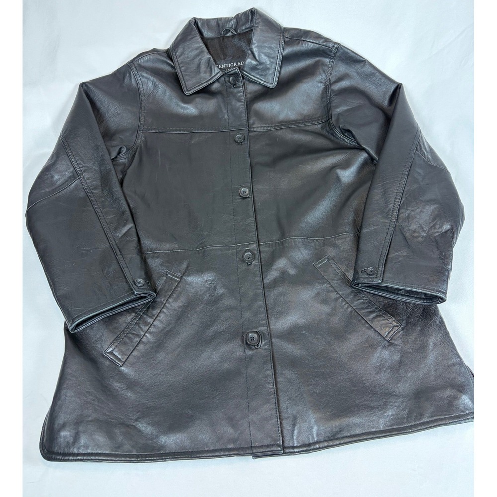 Centigrade Leather Black Button Front Car Coat Jacket Womens M Genuine Leather